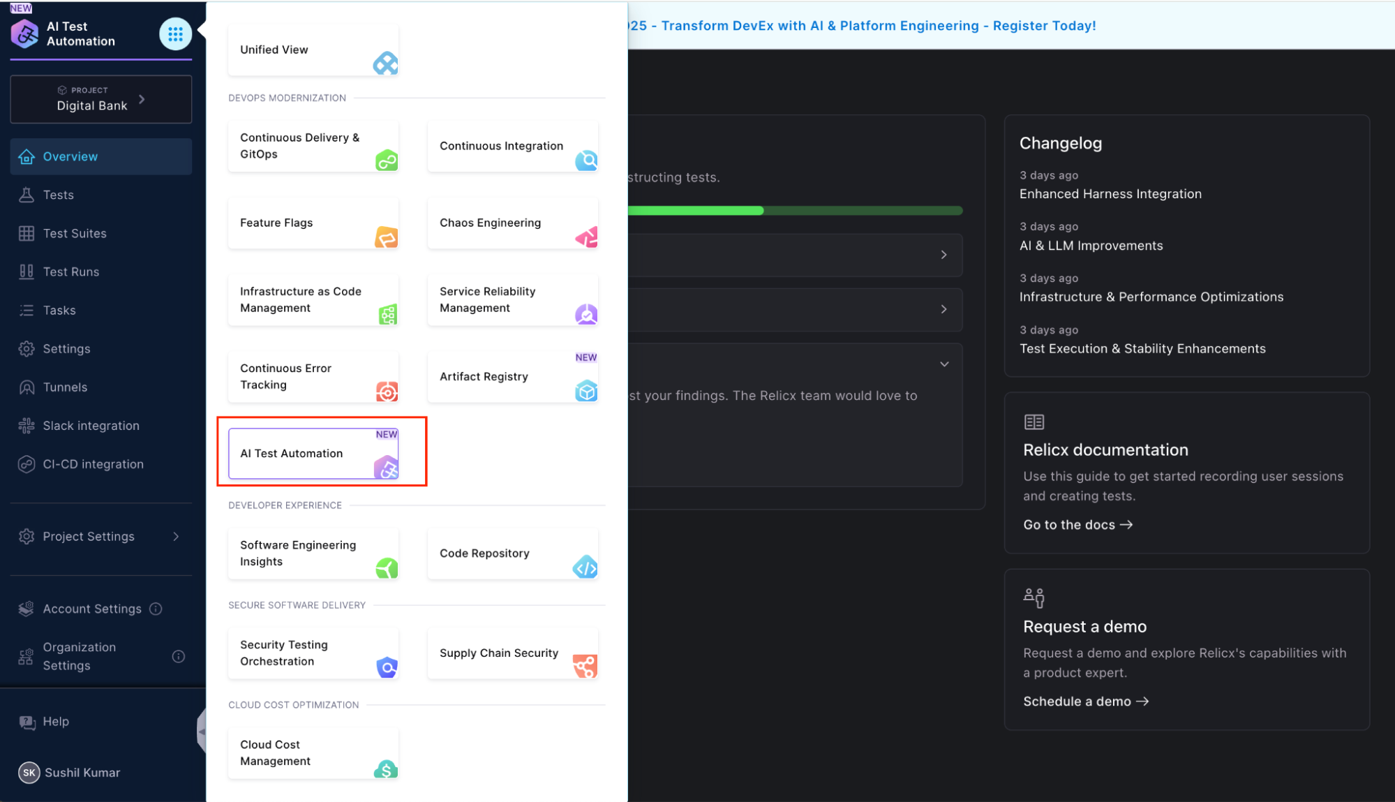 Click to view full size image AI Test Automation menu